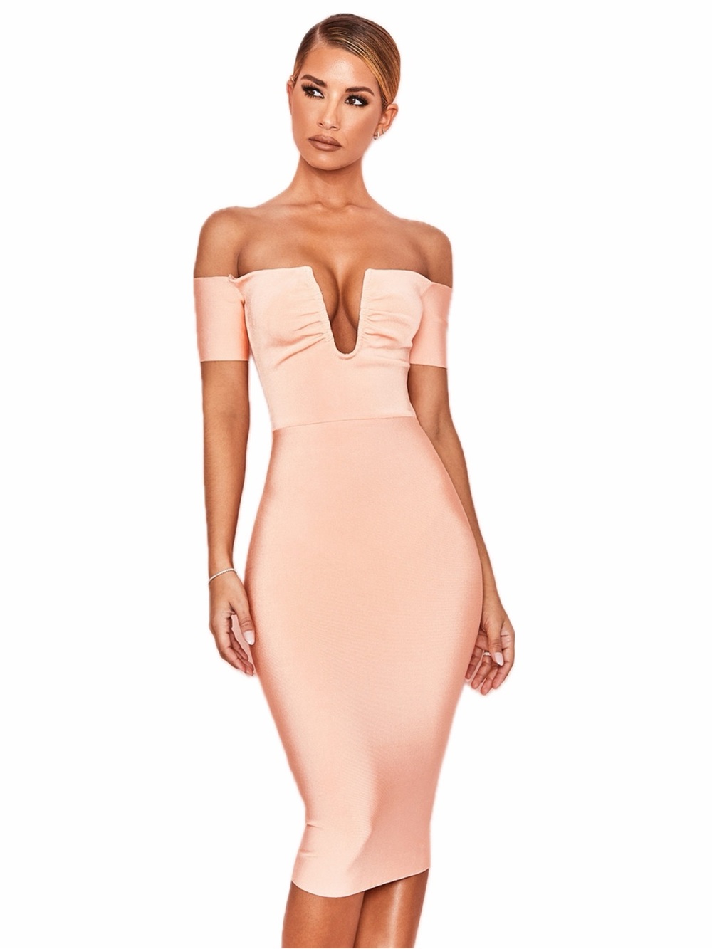 NWT House Of CB “CELIA Peach V Wire Bandage Dress”